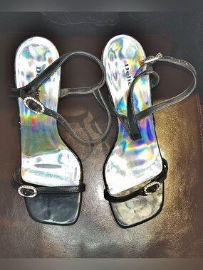Black Strappy Heeled Sandals with Rhinestone Buckles size 7